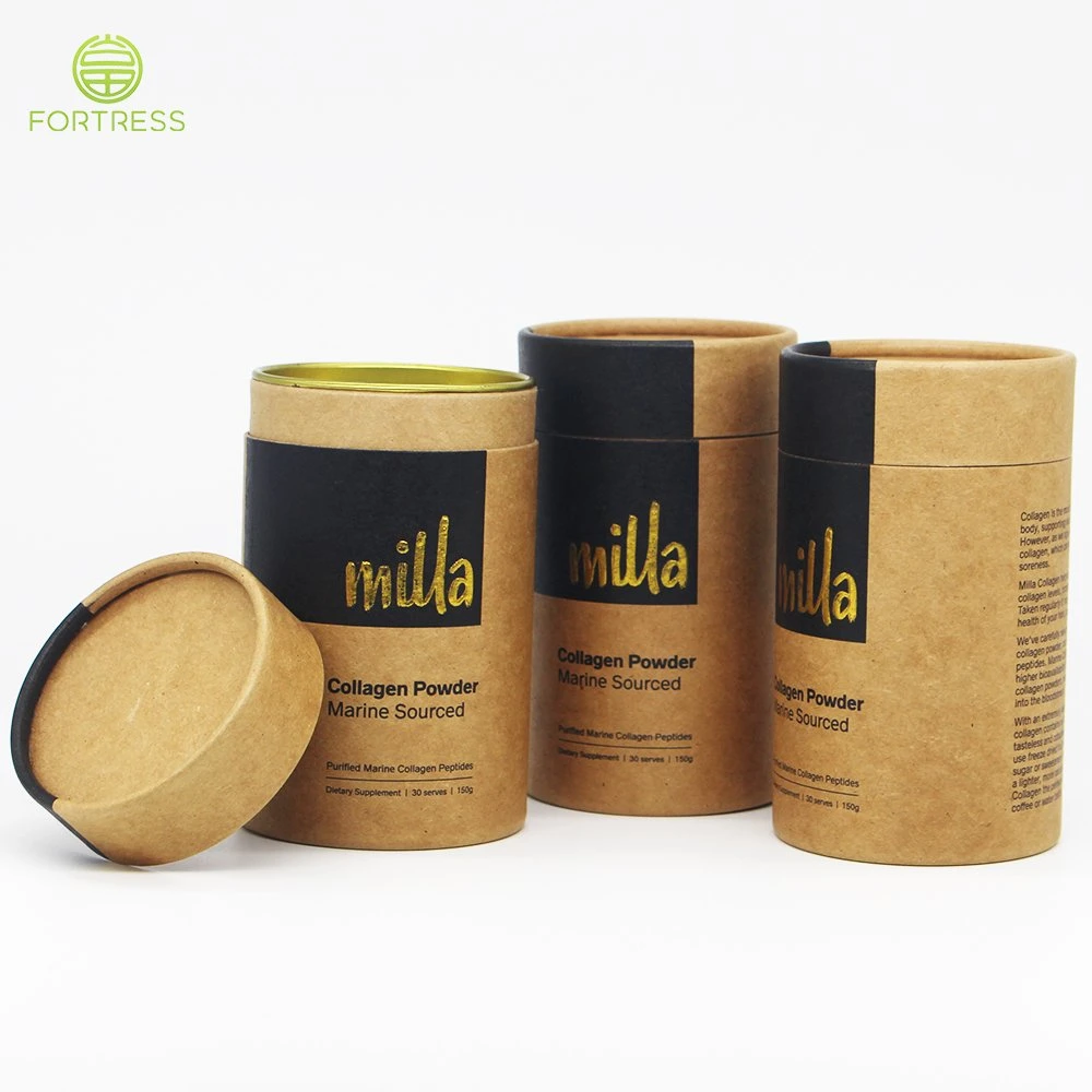 Food-Grade Custom Luxury Printed Supplement Powder Kraft Paper Tube for Powder Food Round Paper Packaging Gift Box with Good Airtightness Metal Sealing Lid